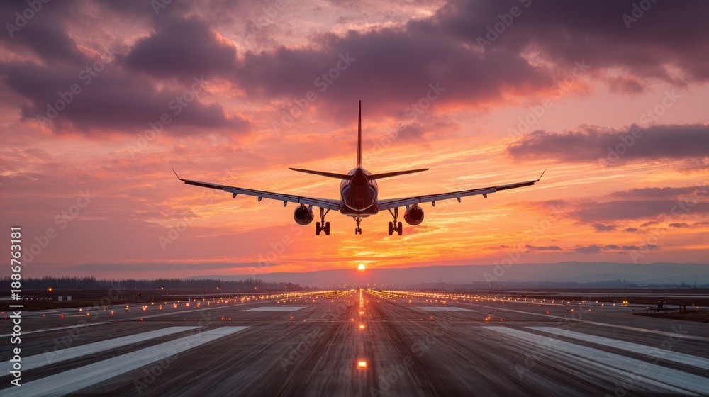 Obraz premium Vacation travel trip journey in holiday season. An airplane taking off from an airport runway at sunset, with the sky painted in hues of orange, pink, and purple.