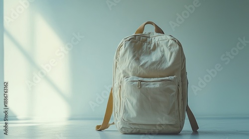 Off-white backpack on floor, sunlit wall.  Travel, education, lifestyle