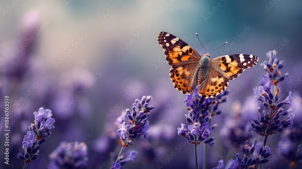 Obraz premium Butterfly resting on beautiful lavender flowers in a colorful garden, showcasing vibrant orange and black wings against a soft lavender backdrop