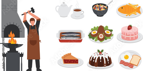 Bakery and kitchen food items collection with baker forge desserts and meals vector illustration set