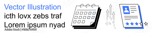 Time management, career growth, professional skills, planning, hiring, evaluation. A calendar with upward arrows and a resume with ratings. Time management and career growth theme