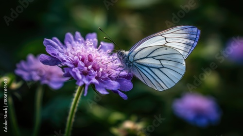 Delicate White Butterfly Feeding on Vibrant Purple Flower in Natural Garden Setting Captured in Close-Up Detail
