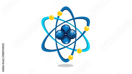 Stylized blue atom icon with orbiting yellow electrons on a white background, representing science and atomic structure.