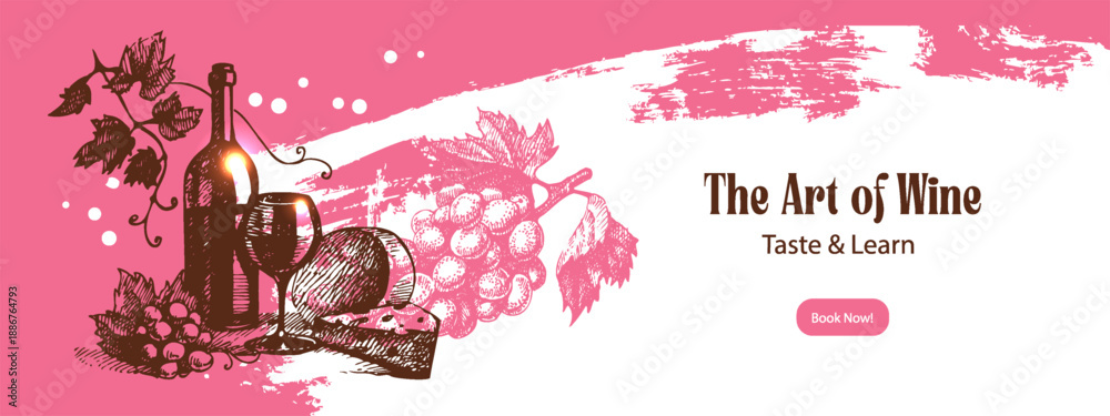 Fototapeta premium Hand drawn vintage wine banner with sketch illustrations. Isolated vector background. Wine festival, tasting event, design menu concept