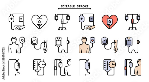 IV Equipment Icon Set: Outline Color Symbols for Infusion Pump, Drip Stand, Saline Bag and Intravenous Line Setup