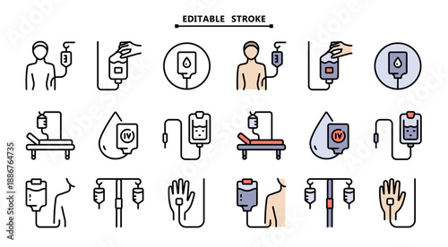 Medical Infusion Devices Icon Set: Color Flat Filled Symbols for Hospital Equipment and Treatment	