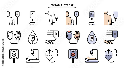 IV Therapy Icon Set: Color Flat Filled Symbols for Hospital Equipment and Treatment
