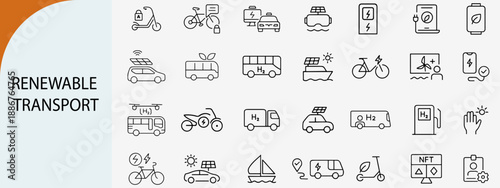 Renewable transport line icons set for eco friendly green energy vehicle
