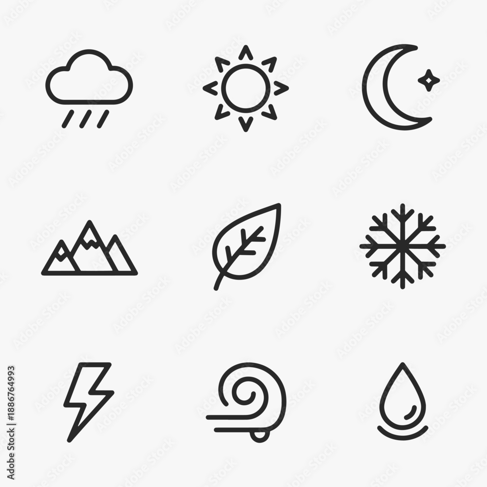 Fototapeta premium A set of Nature and weather icons. The weather icons include a sun, a moon, clouds, lightning, wind, and trees.