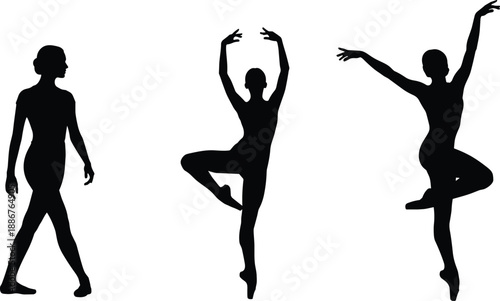 Black ballet dancer silhouettes performing graceful movements including passè and expressive poses isolated on white background for dance school posters and artistic graphic design