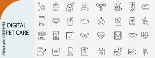 Digital pet care technology and smart animal tracking outline icon set.