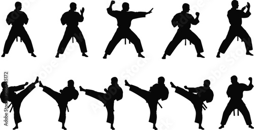 Black, silhouettes, of, martial, artists, performing, karate, kicks, and, stances, for, sports, training, fitness, defense, exercise, isolated, icons, set, on, white, background, vector, illustration.