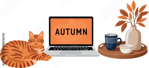 Cozy autumn workspace with ginger cat laptop and coffee on wooden tray illustration
