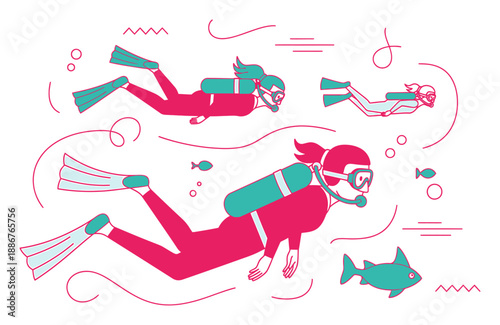Underwater Diving Illustration - Pink & Teal Vector