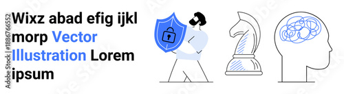 Cybersecurity, critical thinking, mental health, problem-solving, personal safety, digital protection. Person holding a shield with lock, chess knight and head with brain outline. Cybersecurity