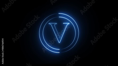 Glowing neon alphabet V . Animated neon letter 'V'. Educational concept with neon letter. Blue color alphabet on black background . 4k animation video.