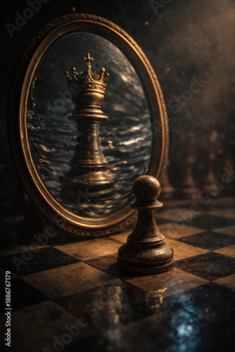 Chess pawn facing a mirror reflecting a crowned piece creating a symbolic and conceptual scene