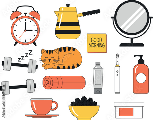 Morning routine set with alarm clock coffee sleeping cat and fitness elements illustration