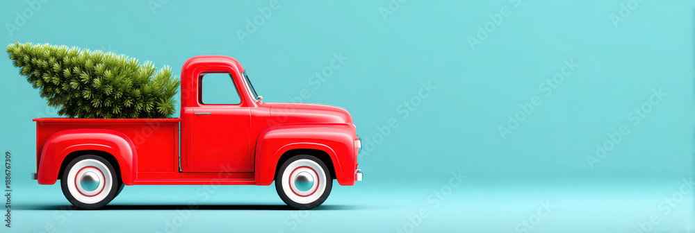 Fototapeta premium Red vintage truck carrying a Christmas tree on a bright blue background