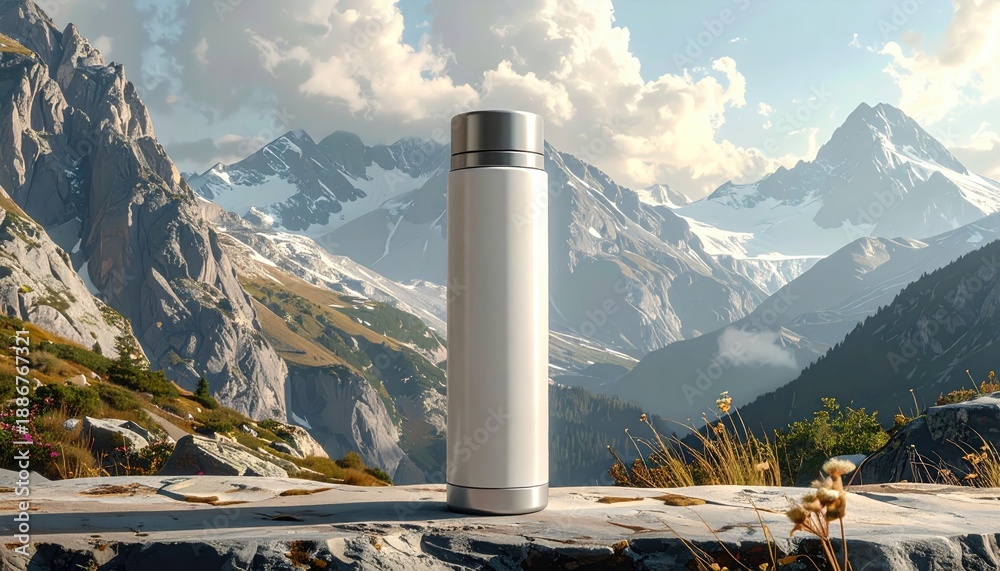 Obraz premium Stainless Steel Water Bottle Standing on Rocks, Against Mountain Range Landscape