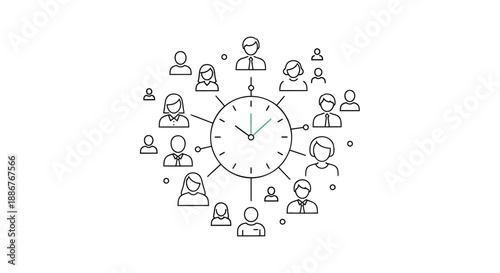 People icons surround a clock symbolizing teamwork and time management