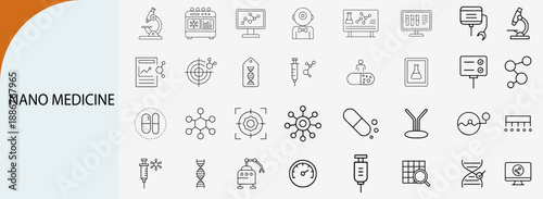 Nano medicine and nanotechnology healthcare line icons set for medical research