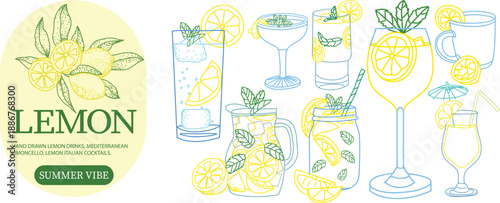 Hand drawn lemon drink and limoncello cocktail vector set with Mediterranean summer vibe. Fresh citrus slice, mint leaf, glassware, Italian beverage aesthetic, ideal for poster, menu, seasonal design.