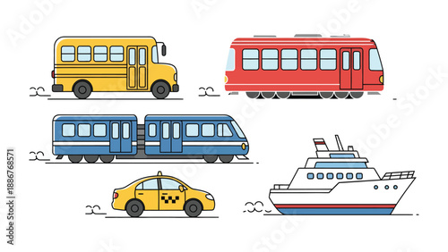 Transportation Array: Diverse modes of transportation showcase the variety of ways people move around, highlighting land and water vehicles for various purposes. 