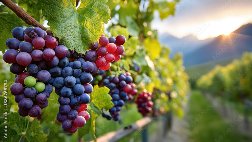 Fototapeta premium Red and purple grapes hanging on vineyard vines at sunset in rural landscape