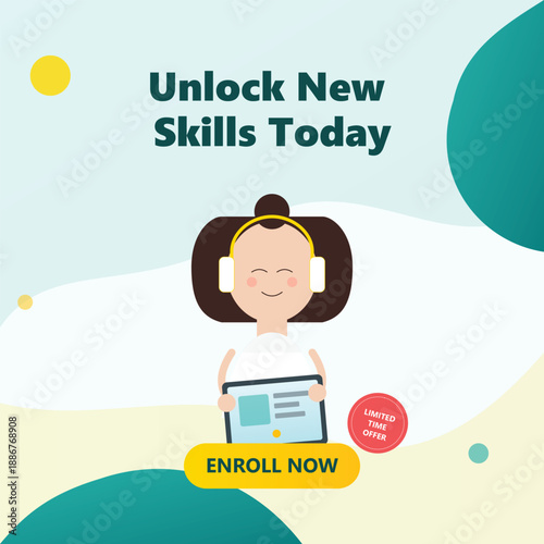 Online education platform e-learning advertisement featuring a friendly student illustration with headphones and tablet for digital skill building and course enrollment