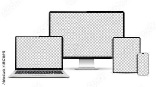 Empty screen computer, laptop, tablet, smartphone mockup. Set technology devices.