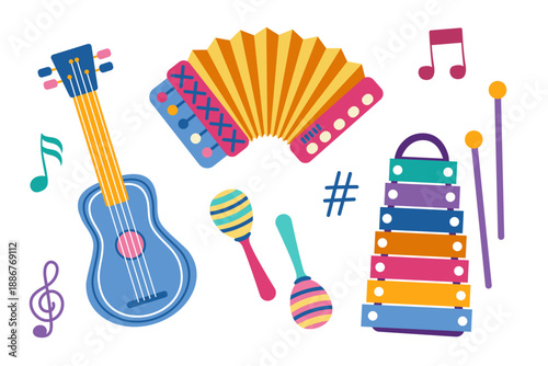 Colorful children musical instruments set. Guitar,, xylophone, harmonic, maracas elements for kindergarten music lessons. Vector illustration