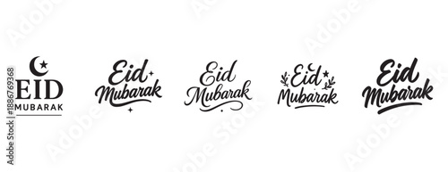 Eid Mubarak typography set with crescent moon and star icons