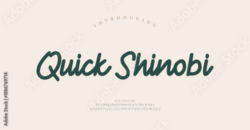 Quick Shinobi, Elegant script alphabet letters font and number. Classic Lettering Minimal Fashion Designs. Typography modern serif fonts regular decorative vintage concept. vector illustration
