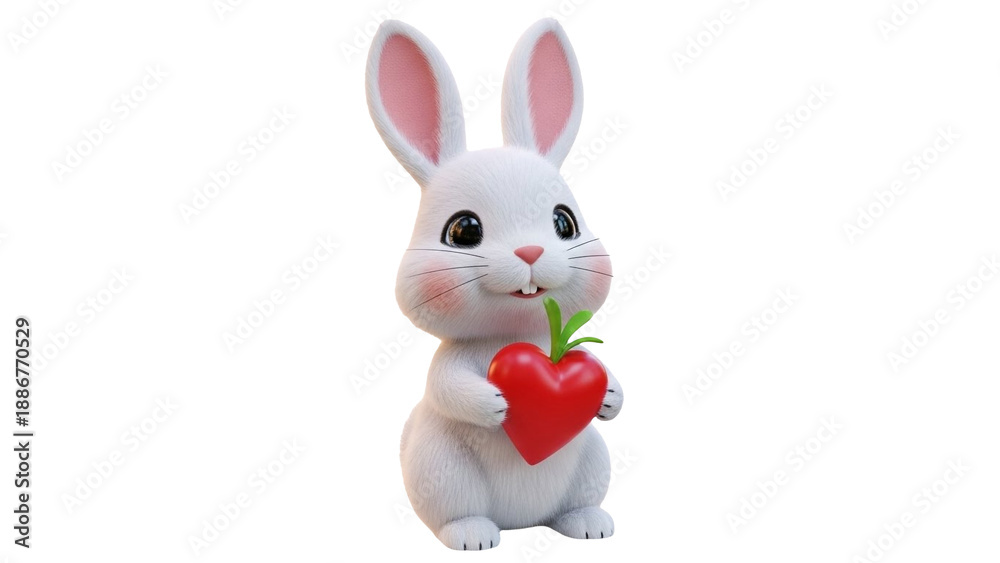 Obraz premium Adorable white bunny figurine holding big red heart cute big eyes romantic valentine love gift cartoon style plush toy look PNG transparent background