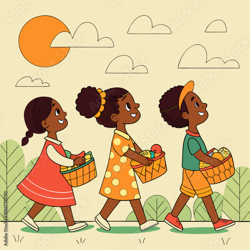 Three children walking outdoors with baskets of fruit against sunset  