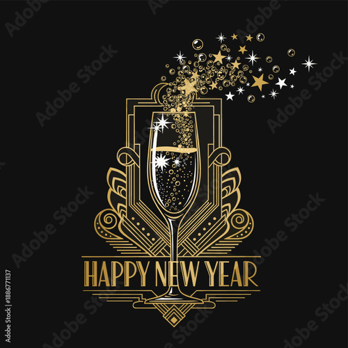 Elegant Art Deco Happy New Year design with champagne glass, stars, and bubbles on a black background.