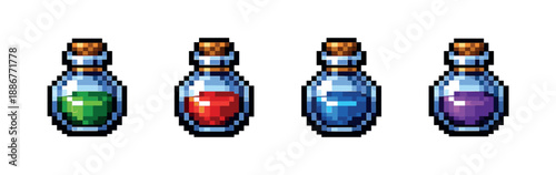 Pixel art style icons set: potion bottles collection in retro gaming design