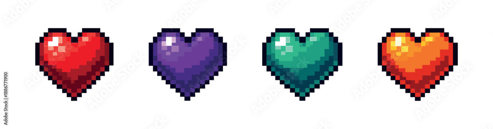 Fototapeta premium Pixel art style hearts icons set: retro gaming and nostalgia symbol collection