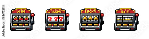 Slot machine pixel art style icons set: vintage gaming symbols collection