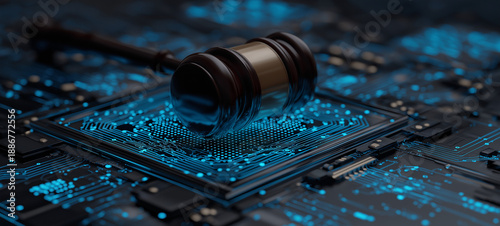 Judge Gavel on Futuristic Digital Circuit Board Representing Artificial Intelligence Regulation, Legal Technology, Digital Justice Systems, and AI Governance Concept