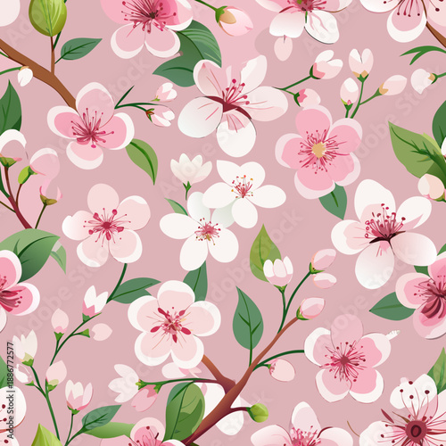 Seamless vector pattern featuring cherry blossom flowers on pink background  
