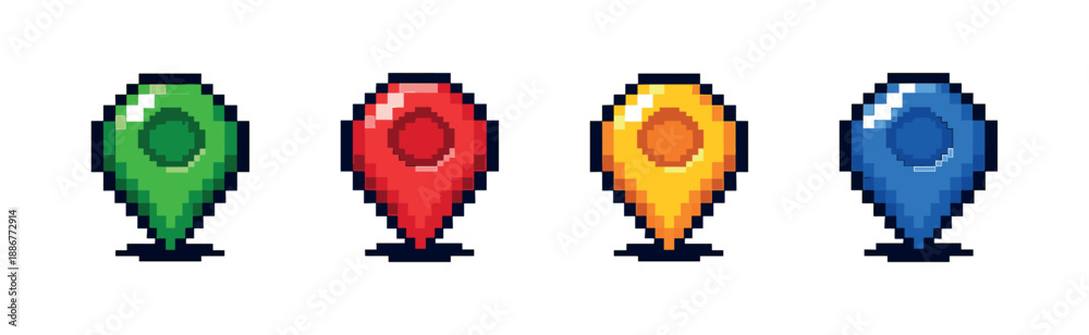 Obraz premium Pixel art style icons set: colorful location pins for maps and games