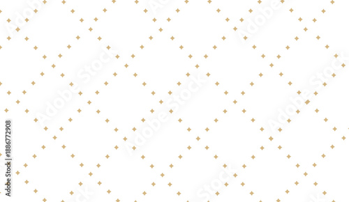 Golden vector seamless pattern with small diamonds, star shapes, rhombuses. Abstract gold and white geometric texture. Simple minimal wide repeat background. Luxury design for decor, wallpaper,