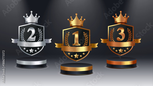 Gold, Silver and Bronze Winner Shield Trophy Set on Stage Podium with Crown and Stars, 1st 2nd 3rd Place Award Badges, Premium Champion Emblem Design, Luxury Achievement Vector Illustration