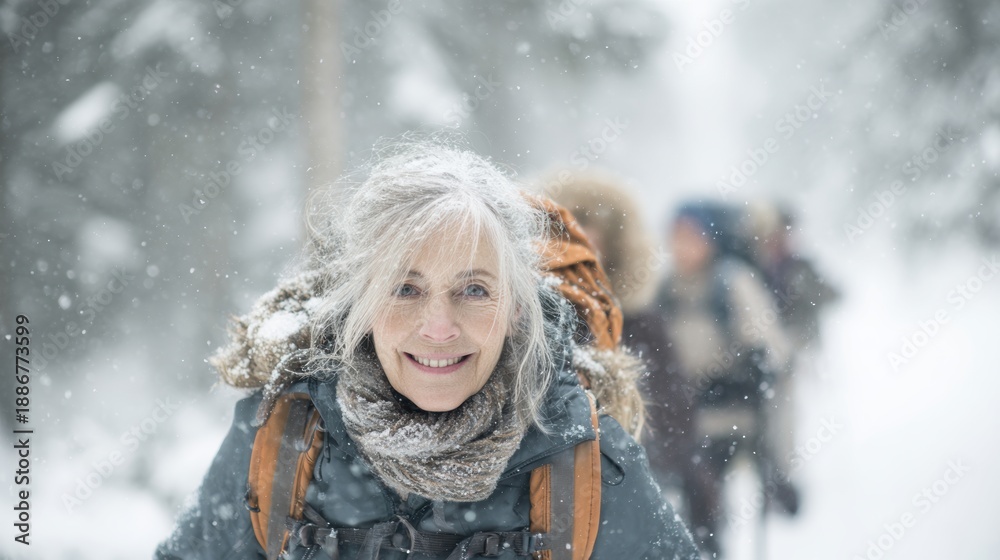 Fototapeta premium Explore adventure outdoor in National Park. A woman with a warm smile, wearing a jacket and scarf, walking through a snowcovered forest. The background is blurred.