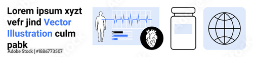 Healthcare, pharmaceutical services, telemedicine, global connectivity, medical data, heart health. Human diagram with heartbeat chart, medicine bottle globe icon. Healthcare and pharmaceutical