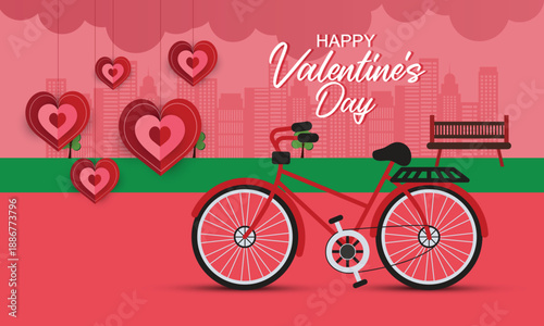 Bicycle in the garden with valentine's day background