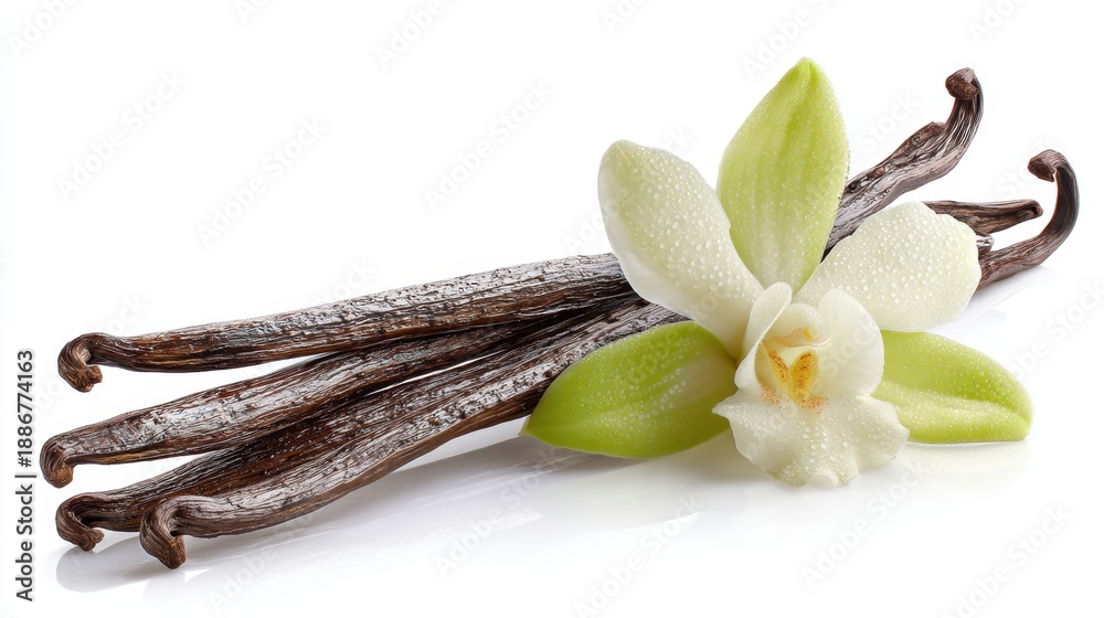 Fototapeta premium Aromatic vanilla beans with fresh orchid flower and green leaves on white background.