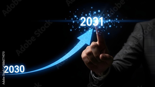 Businessperson points to a glowing arrow symbolizing progress toward the year 2031